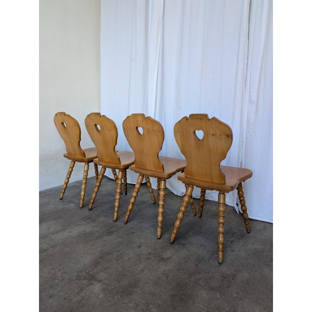 1970s Vintage Tyrolean Farmhouse Heart Cutout Wooden Dining Chairs, 1970s, Set of 4 For Sale - Image 5 of 18