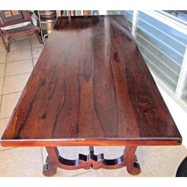 Vintage Spanish Catalan Trestle Dining Table With Lyre Legs and Iron Stretchers For Sale - Image 10 of 15