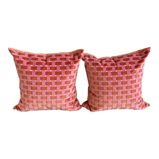 Pair Orange & Pink Cut Velvet Pillows For Sale