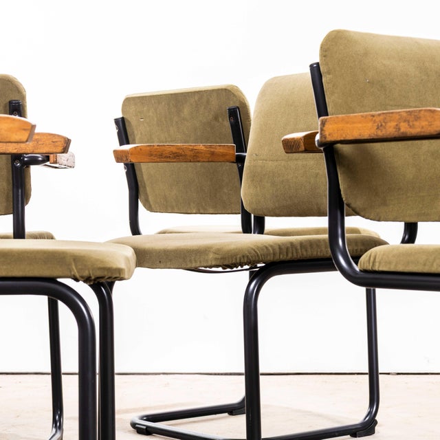 1970's Cantilever Peninsular Blue Frame Dining Chairs with Sage Green Upholstery Set Of Seven. Classic Bauhaus style...