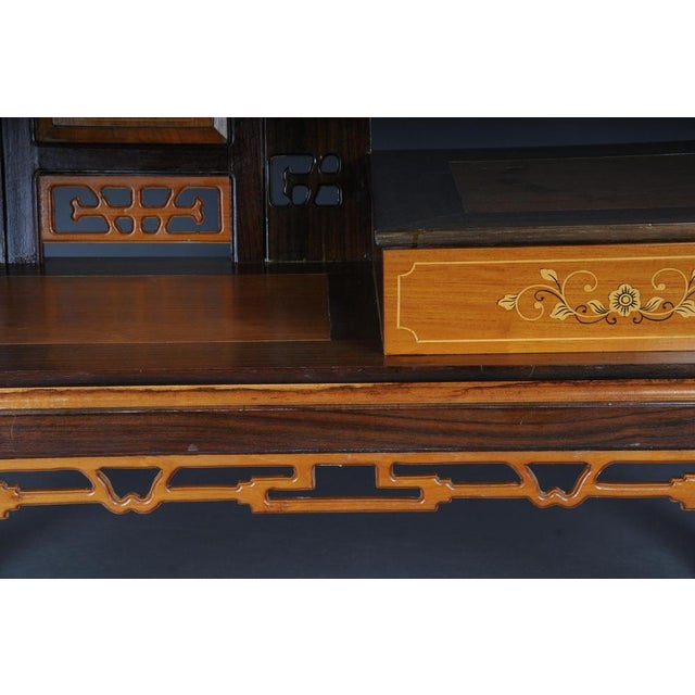 Beautiful Asian bench / telephone bench, China, 20th century Tropical solid wood. with marquetry work and a drawer....