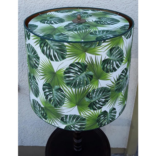 Round Dark Stained Wood Side Table with Rotating Top, Integrated Floor Lamp & Green Patterned Fabric Lampshade, 1950s For Sale - Image 4 of 12