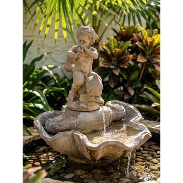Vintage Classical Cast Stone Cherub on Dolphin Garden Fountain For Sale - Image 12 of 12