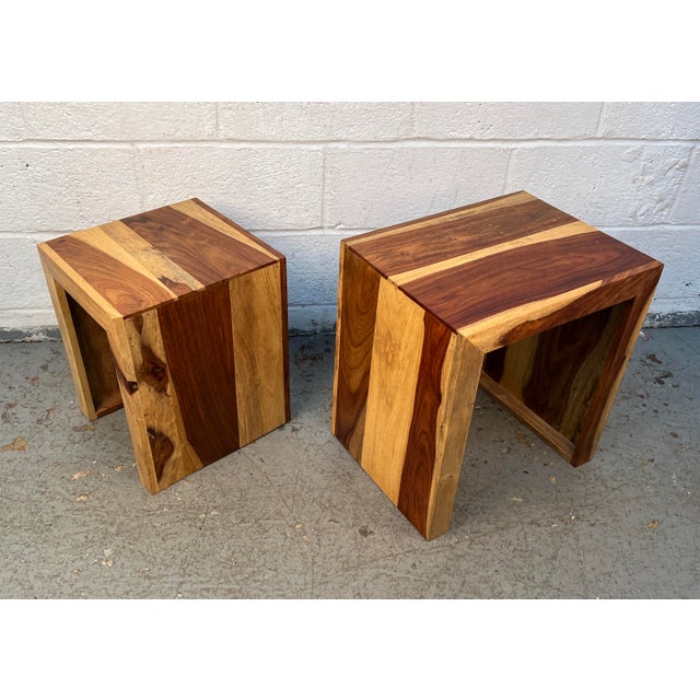 Contemporary Pair of Mid 20th Century Solid Sheesham Wood Waterfall Side Tables For Sale - Image 3 of 9