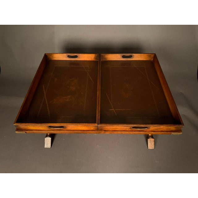 Coffee Vintage Campaign Style Mahogany Coffee Table With Removable Leather-Lined Trays & Brass Accents, Circa 1980 For Sale - Image 8 of 13