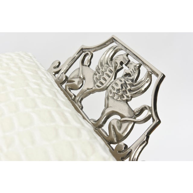 Vintage Art Deco Nickel Silver Griffin and Gargoyle Bench With Off White Cushion ,Style of Oscar Bach For Sale In Miami - Image 6 of 10