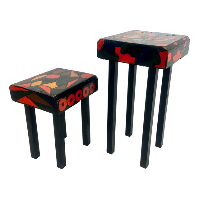 Vintage Abstract Hand-Painted Stools, 1970s, Set of 2 For Sale
