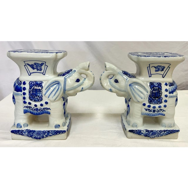 Traditional Vintage Blue and White Chinoiserie Ceramic Elephant Plant Stands- a Pair For Sale - Image 3 of 12