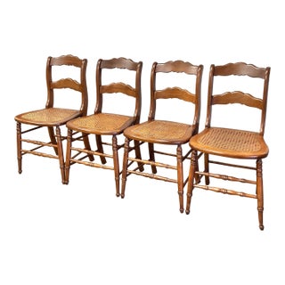 Antique Victorian Maple Ladderback Cane Seat Dining Chairs - Set of 4 For Sale