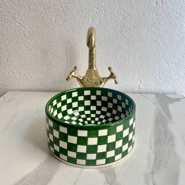 Moroccan Green Bohemian Check Paint Vessel Sink with Brass Drain For Sale - Image 3 of 8