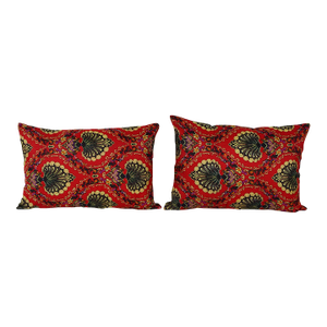Red and Gold Uzbek Roller Printed Lumbar Pillow Cover - A Pair