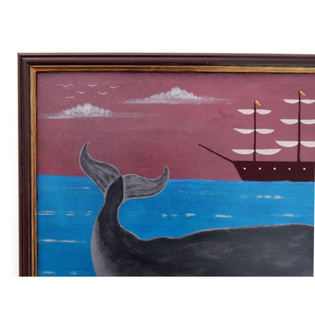 Contemporary Matt Rix, Naive Style Sperm Whale and Sailing Ship, Oil on Board For Sale - Image 3 of 10