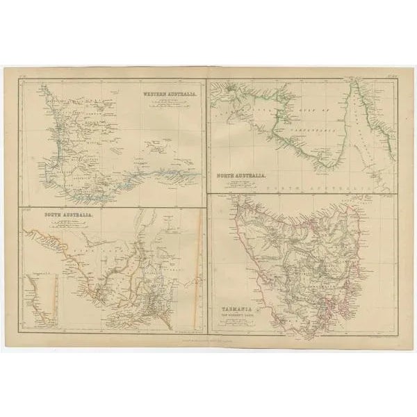 Antique map titled 'Western Australia, South Australia, North Australia and Tasmania'. Original antique map of Western...