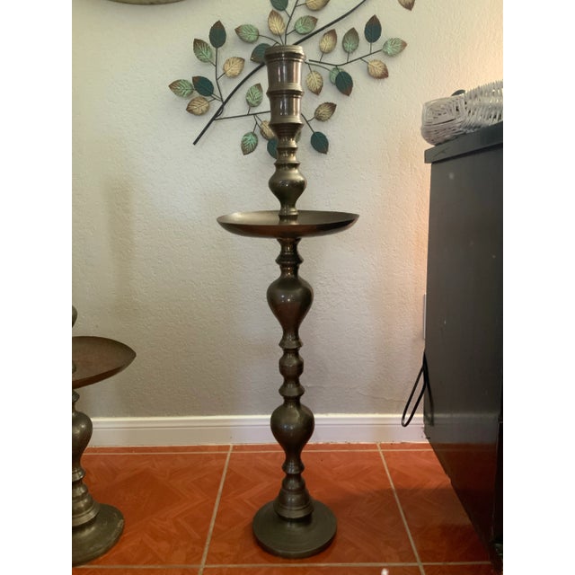 Boho Chic Vintage 1970 Floral Engraved Brass Altar/Pillar Candlestick Holders- a Pair For Sale - Image 3 of 12