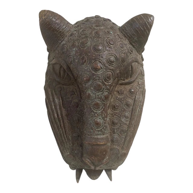 Vintage Lg Benin Bronze Leopard Head Nigeria African 13" H For Sale