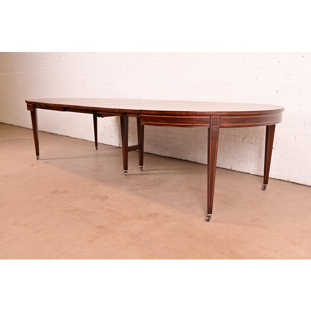 Baker Furniture Style Federal Inlaid Mahogany Extension Dining Table With Six Leaves, Newly Refinished For Sale - Image 12 of 16