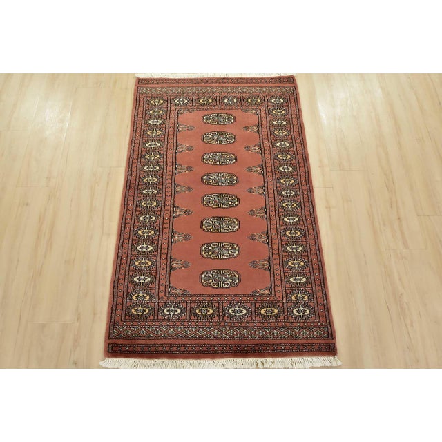 Tribal Bokhara Rug 2’11” X 4’8” Pink Wool Tribal Hand-Knotted Oriental Carpet For Sale - Image 3 of 11