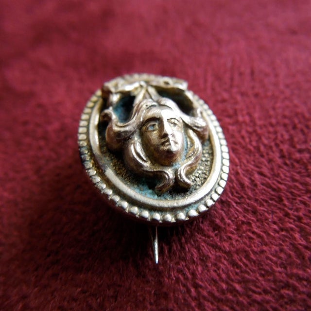 Antique Gold Art Nouveau Oval Lady Lapel Pin With Bow For Sale - Image 4 of 11