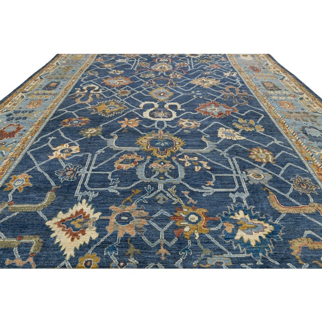 14x20 Hand-Knotted Modern Oushak Style Wool Rug in Indigo Blue & Earthy Motifs For Sale - Image 11 of 12