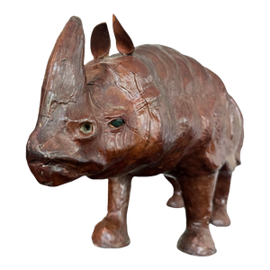 Vintage Mid Century Modern Leather Rhinoceros With Glass Eyes Rhino Sculpture