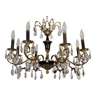 1950s French Empire 8 Arm Brass Ebony Accents Lead Crystal Chandelier For Sale