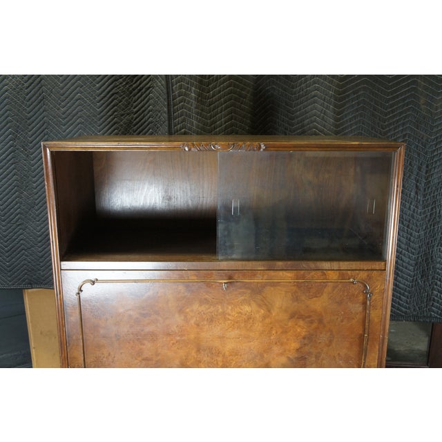1940s Mid Century Walnut Burl Carved Secretary Writing Desk Bookcase Bureau Cabinet For Sale - Image 12 of 12