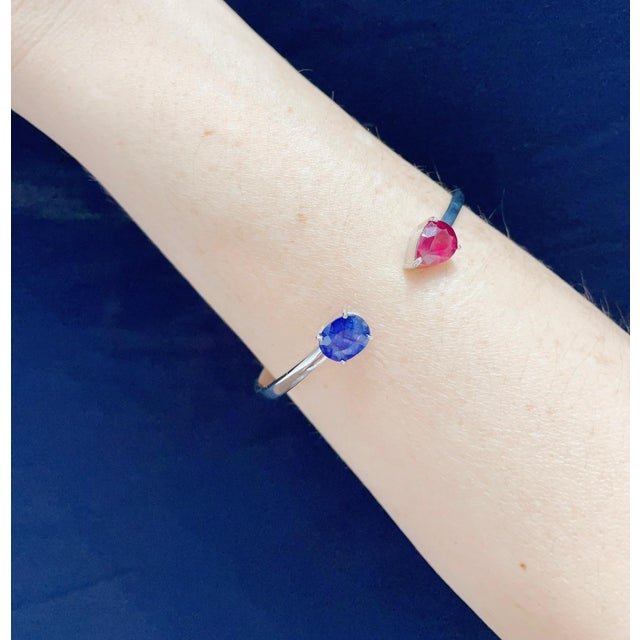 Early 21st Century Bochic Silver & White Gold Plating Bangle with Red Ruby and Blue Sapphire For Sale - Image 5 of 6