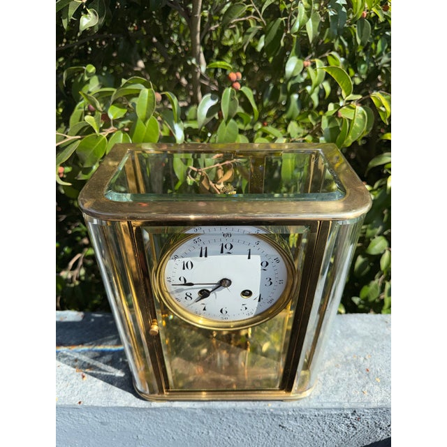 Antique French Art Deco Crystal Regulator Mantel Clock With Curved Glass For Sale - Image 12 of 12
