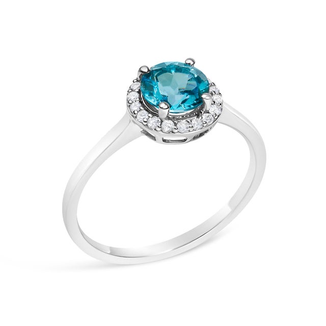 Contemporary 10K White Gold Blue Topaz and 1/10 Cttw Diamond Halo Ring For Sale - Image 3 of 7