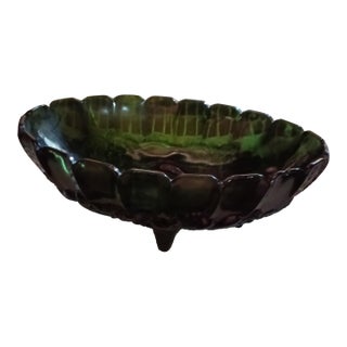 Vintage Green Glass Fruit Bowl With Embossed Design For Sale