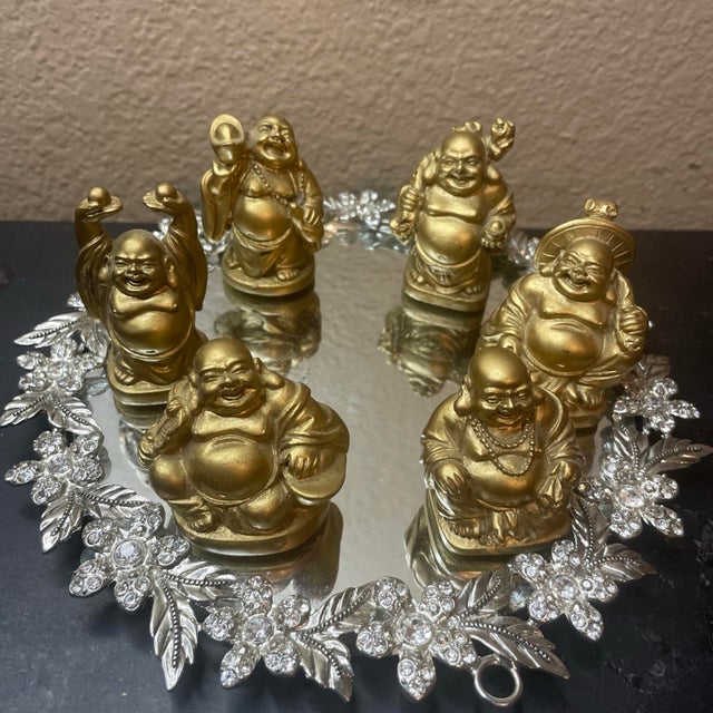 Set of 6 Feng Shui Gold Tone Composite 3” Laughing Buddha Figurines For Sale In Dallas - Image 6 of 6