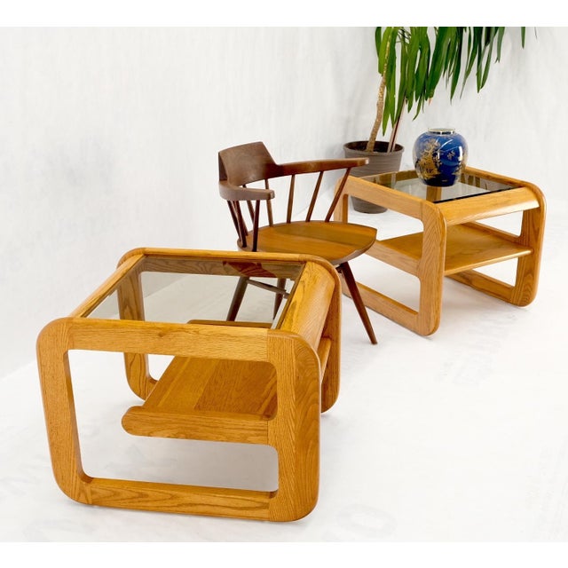 Wood Pair of Mid-Century Solid Oak Smoked Glass Top End Side Tables W Shelves Mint! For Sale - Image 7 of 18
