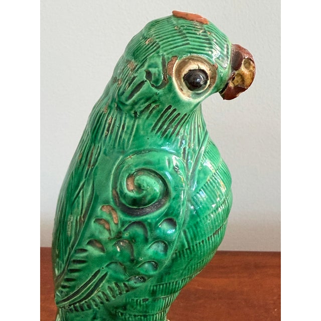Early 20th Century Pair Antique Chinese Green Parrots For Sale - Image 5 of 12