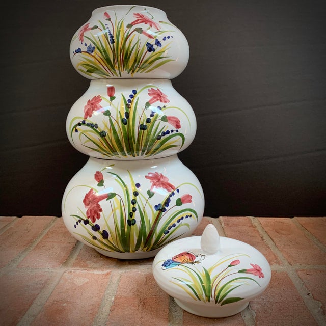 Mediterranean Italian Ceramic Hand Painted Terra-Cotta Stacking Jars - Set of 4 For Sale - Image 3 of 11