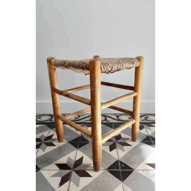 Rustic Vintage Low Stool in Honey-Yellow Tones of Wood Straw Seat, 1980s For Sale - Image 3 of 7