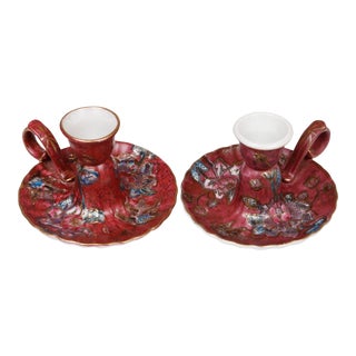 Hand Painted Ceramic Chamberstick Candle Holders - a Pair For Sale