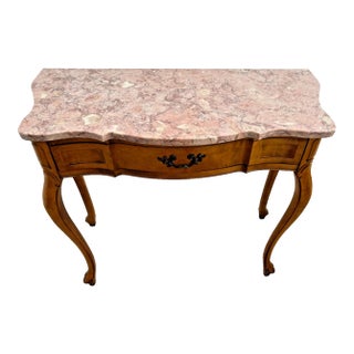 1950s Vintage French Desk Vanity Dovetail Drawer Pink Marble Top Petite Size For Sale