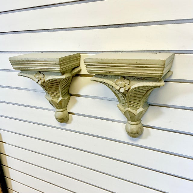 Vintage Coastal Traditional Hand Carved Wooden Painted Wall-Mounted Shelves - A Pair, Palm Fronds Accent For Sale - Image 12 of 17