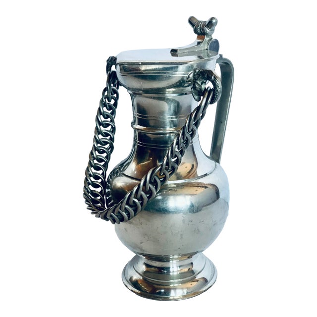 Vintage Swiss Guggisberg Lugano Acorn Pewter Pitcher/Jug/Tankard With Handmade Chain Handle on Fish Loops For Sale