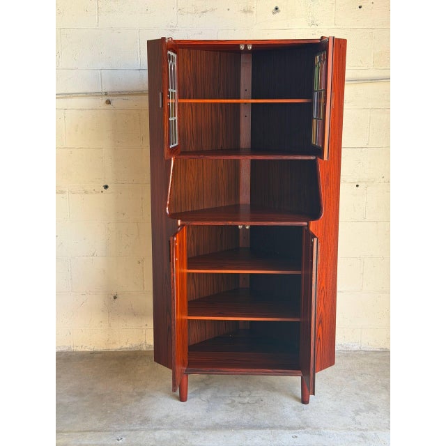 1960s Rosewood Corner Cabinet With Stained Glass Storage Hutch Danish Mid-Century Modern 1960s For Sale - Image 5 of 12