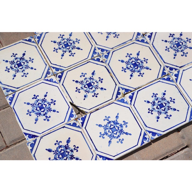 Ceramic Antique 1920s Portuguese Ceramic Tiles With Stylized Art Deco Rosette Motif Set of 14 For Sale - Image 7 of 18