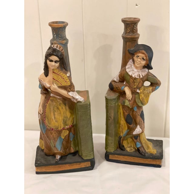 Vintage Ceramic Borghini LaCrima Christi Harlequin Ceramic Wine Decanter Bookends or Candlesticks - Pair For Sale - Image 10 of 12