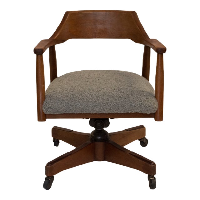 Jasper Furniture Walnut Desk Chair in Grey Faux Shearling Bouclé For Sale
