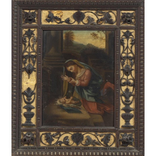 Post Antonio Allegri di Correggio (1489-1534) "Adoration of the Child", oil on cardboard with carved and gilded frame....