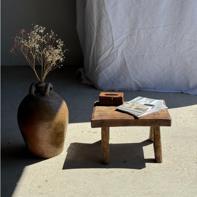 Small stool, rectangular arched occasional stool in solid wabi-sabi teak. Minimalist, raw design, a beautiful piece...
