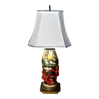 Sculptural Ceramic Dragon Table Lamp With Applied Flowers and Pierced Metal Base For Sale