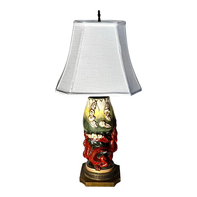 Sculptural Ceramic Dragon Table Lamp With Applied Flowers and Pierced Metal Base For Sale