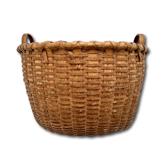 Outstanding Large Size Antique American Hand Woven Ash Wood Splint Maine Apple Farm Harvest Basket For Sale - Image 12 of 18
