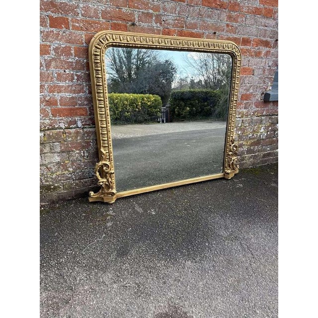 Glass Large Antique English Arched Gilt Overmantle Mirror For Sale - Image 7 of 7
