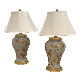 Ralph Lauren Home Gable Table Lamps - A Pair With Silk Shades For Sale
